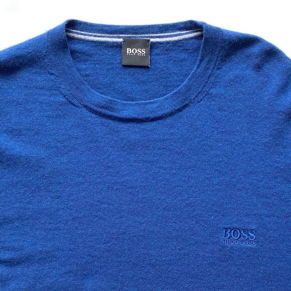BOSS Hugo Boss 100% Wool Blue Crewneck Sweater Size S Soft Logo Preppy Classic - Picture 5 of 11